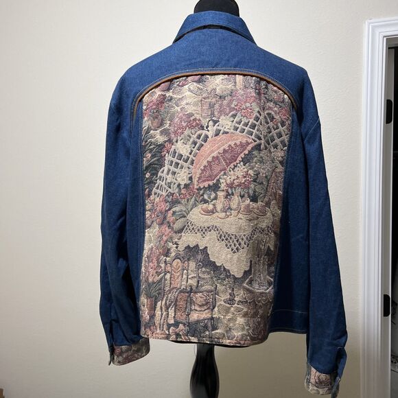 Erin London Jean Denim Brocade Tapestry Jacket Renaissance Art Panels Petite XL - Picture 1 of 14